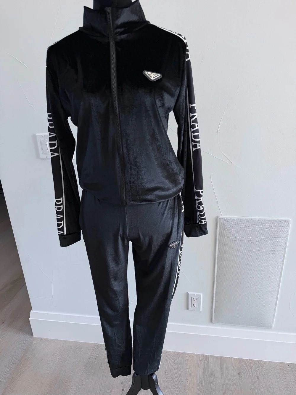 Prada Black Velour Track Jacket & Pants Set size S